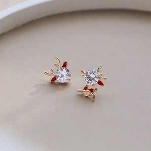 NEW Gold Tone White Crystal Christmas Rudolf Reindeer Mismatched Stud Earrings